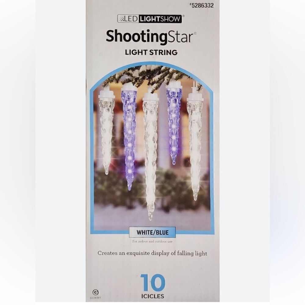 Gemmy Lightshow Shooting Star White/Blue LED Icicle Lights, 10 Icicles, New